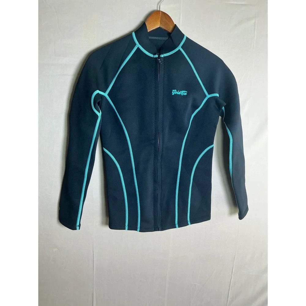 GoldFin Wetsuit Top Womens Medium Black Teal 2mm Neoprene Zip Front Excellent